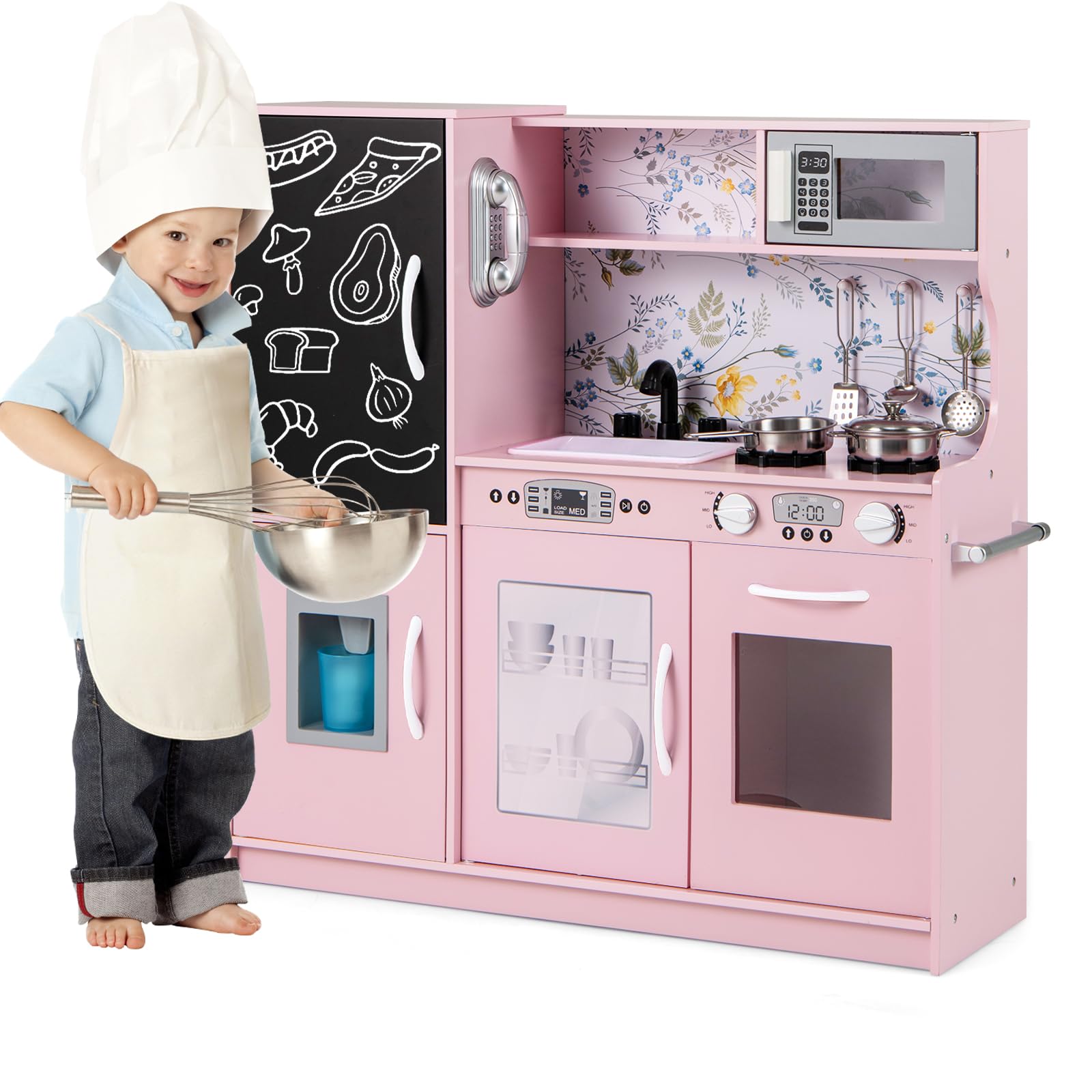 Maxmass Kids Play Kitchen, Wooden Children Pretend Kitchen with Ice Maker, Telephone, Chalkboard, Double Stoves, Dishwasher, Cookware Accessories, Toddler Boys Girls Cooking Toy Playset (Light Pink) โ image 1
