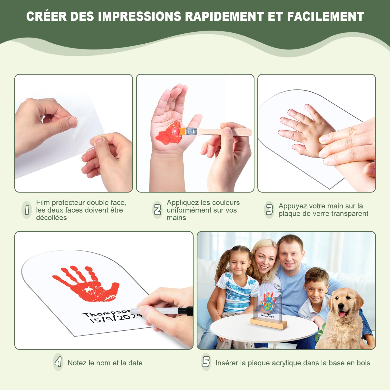 TOGOU2S Empreinte Main Famille 5 Plaques en Plexiglas 6 Couleurs de Pigments, Empreinte Bebe Convient Pour Les Anniversaires La Fête des Mères La Fête des Pères et Les Événements Familiaux