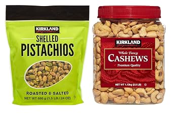 Kirkland Signature Shelled Pistachios and Cashews Bundle - Includes Kirkland Signature Shelled Pistachios 1.5 LB and Whole Fancy Cashews 2.5 LB
