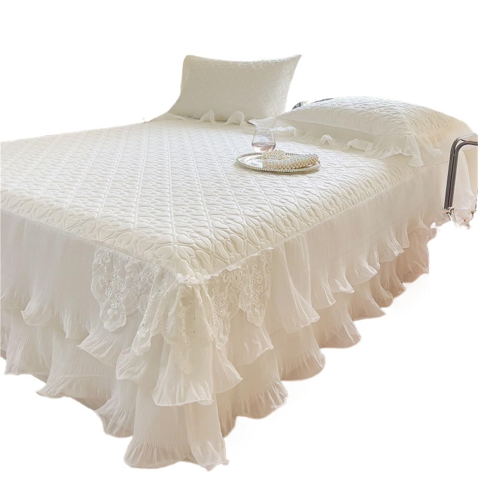 Bed Skirt Lace Ruffles Quilted Cooling Bed Skirt, Cool Feeling Fibre Mattress Cover, Bedspread, Bed Sheet, With Pillowcases, 3Pcs(Color1,200X220cm 3pcs)