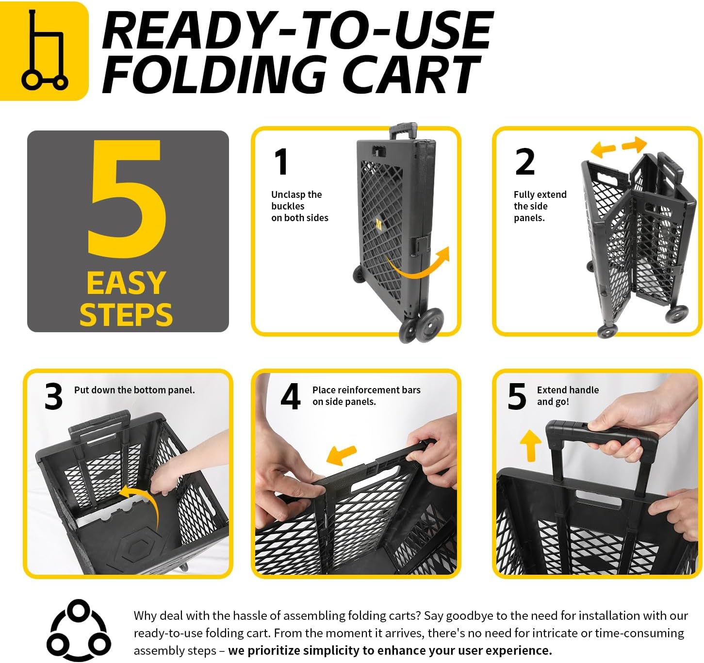 MaxWorks Foldable Rolling Utility Cart, Collapsible Hand Dolly with Telescoping Handle, 70 lbs Capacity, Lightweight Plastic Storage Crate, 16.5" x 15" x 39", No Assembly Needed