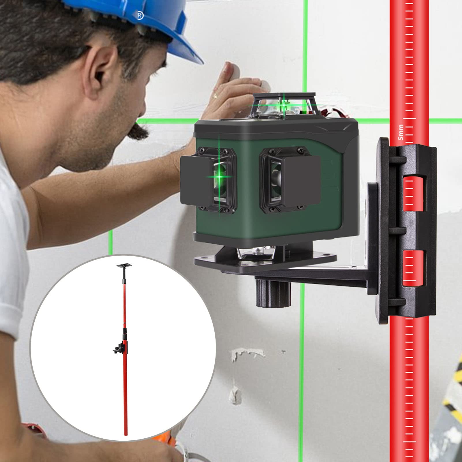 Poste de Nivel Láser, Poste Extensible Multiusos de 4 M Poste de Montaje de Nivel Láser Ajustable Poste de Soporte Telescópico con Montaje Láser/mesa Elevadora para Láseres Giratorios Y de Línea (rojo