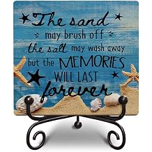 Girls Beach Room Decor Gifts - Ocean Theme Wooden Desk Sign - Sand May Brush Off The Salt May Wash Away But The Memories Will Last Forever, Wooden Sign for Home Office Bar, 5x5 Inches -K31
