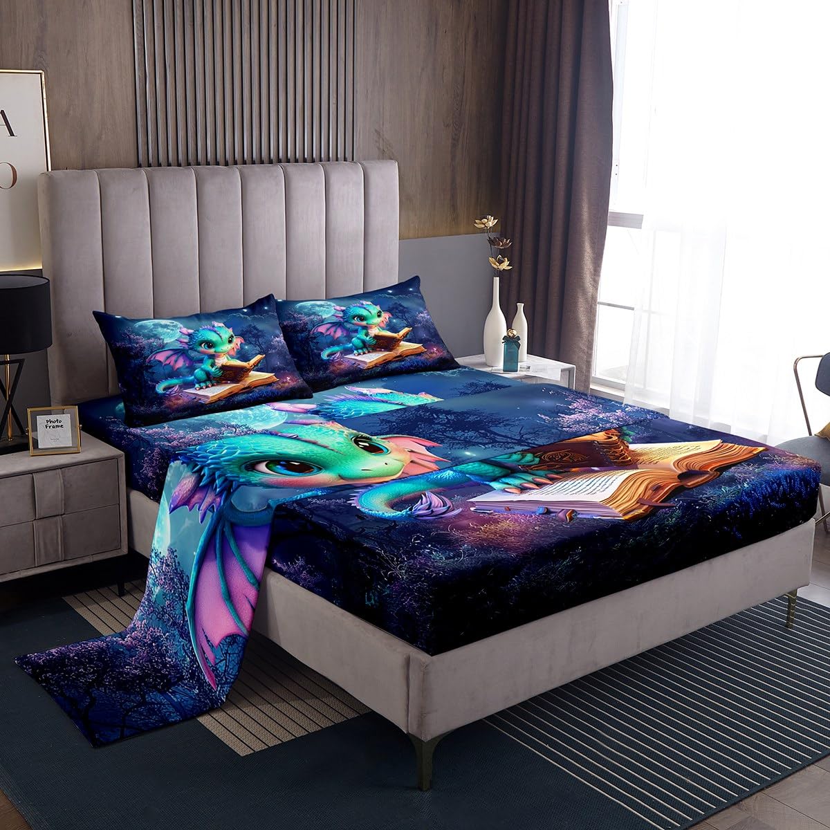 Cartoon Dragon Sheet Queen Size Magic Jungle Night Bedding Set Cute Dragon Books Kids Teens Audlts Room Decor Starry Moon Sky Fashion Bed Sheet Set 4pcs(Fitted + Flat + 2 Pillowcases)