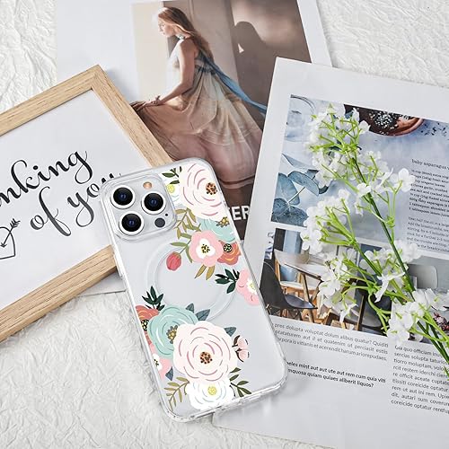 Miniatura 7 de Funda magnética transparente con diseño de flores para iPhone 15 Pro compatible con MagSafe, patrón floral transparente a prueba de golpes, parte