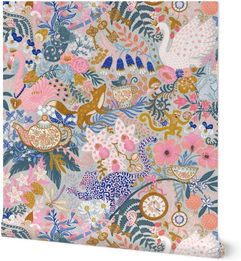 Peel & Stick Wallpaper 3ft x 2ft - Tea Time Fairy Tale Animas Whimsial Maximalist Gray Pink Custom Removable Wallpaper by Spoonflower