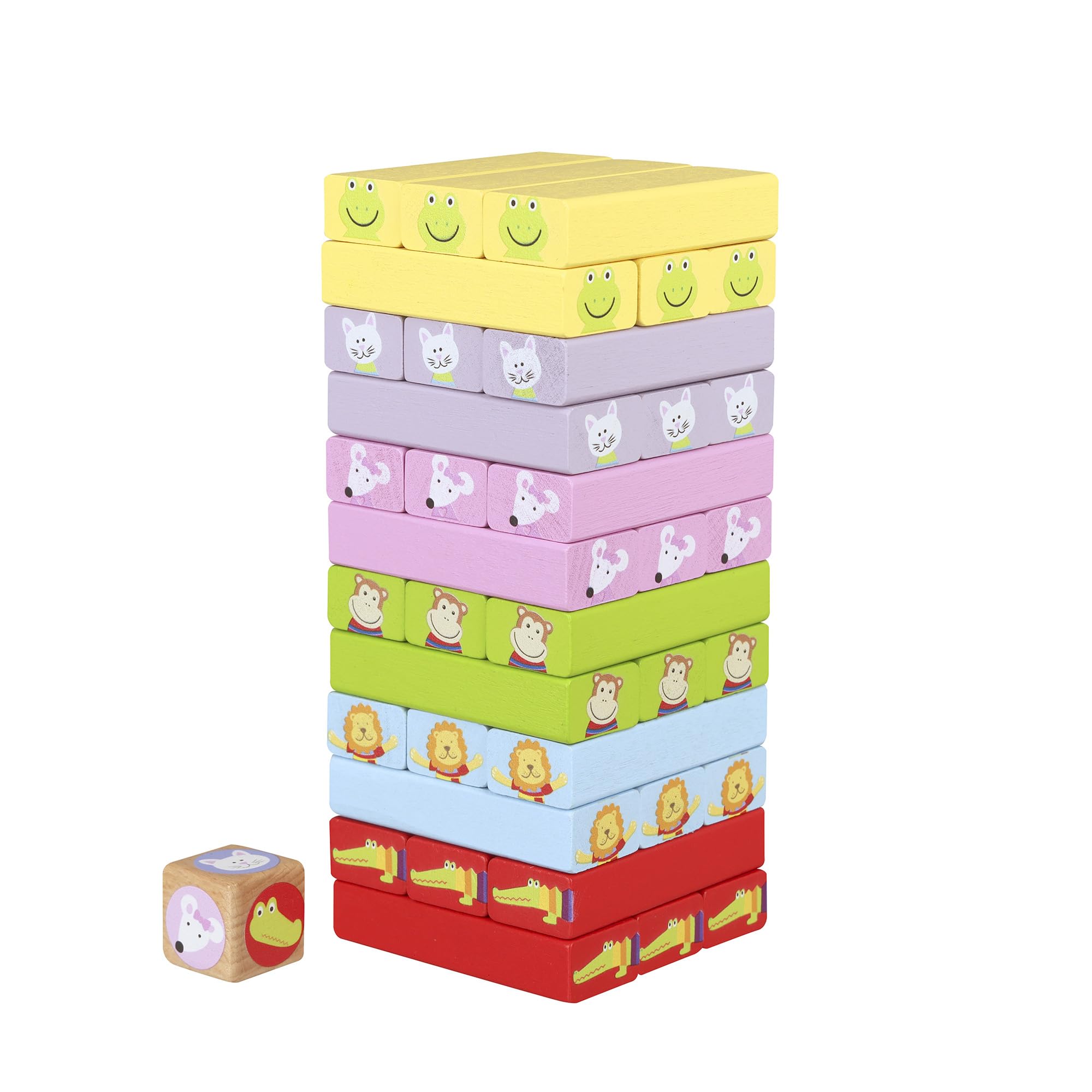 Orange tree toys Wooden Animal Tumbling Tower Game, Colourful Stacking Blocks with Dice, Educational Toy for Children