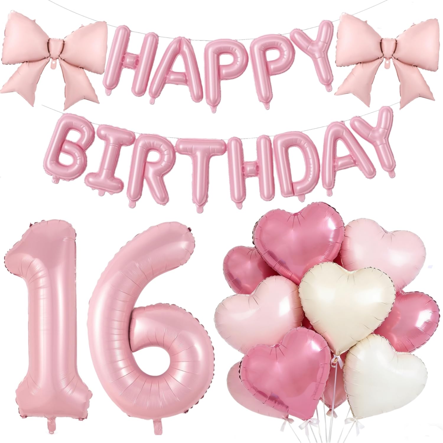 Pink Sweet 16 Birthday Decorations, Large 16 Number Foil Balloon 21 Inch Pink Bow 16 Inch Happy Birthday Letter Balloons Banner with 18 Inch Heart Balloons for 16 Year Old Girls Party