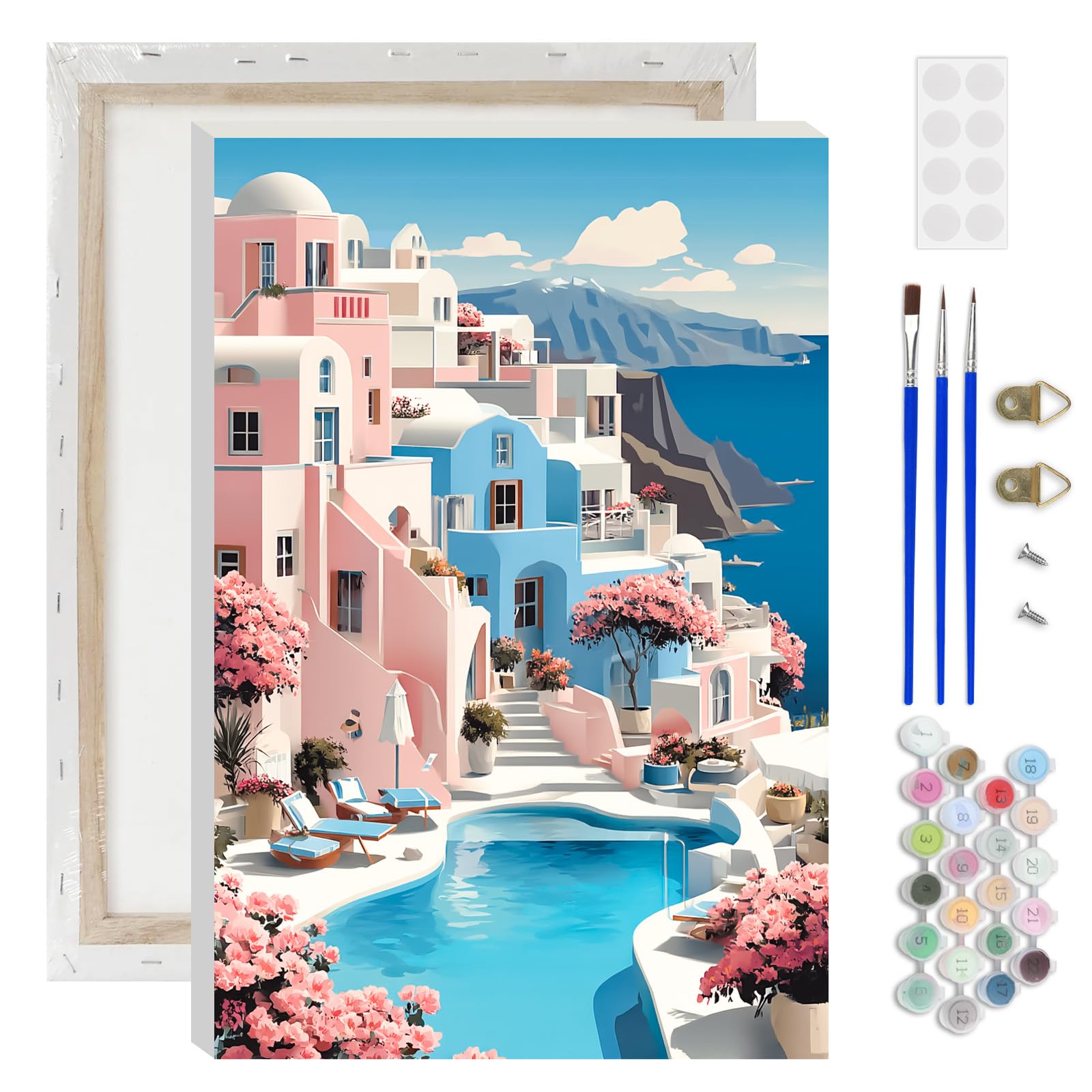 AIRDEA Santorini Landscape Paint by Numbers for Adults, Romantic Painting by Numbers for Adults, DIY Acrylic Pigment Drawing Paintwork Arts and Crafts Painting Kit for Home Decor 8x12 inch (Framed)