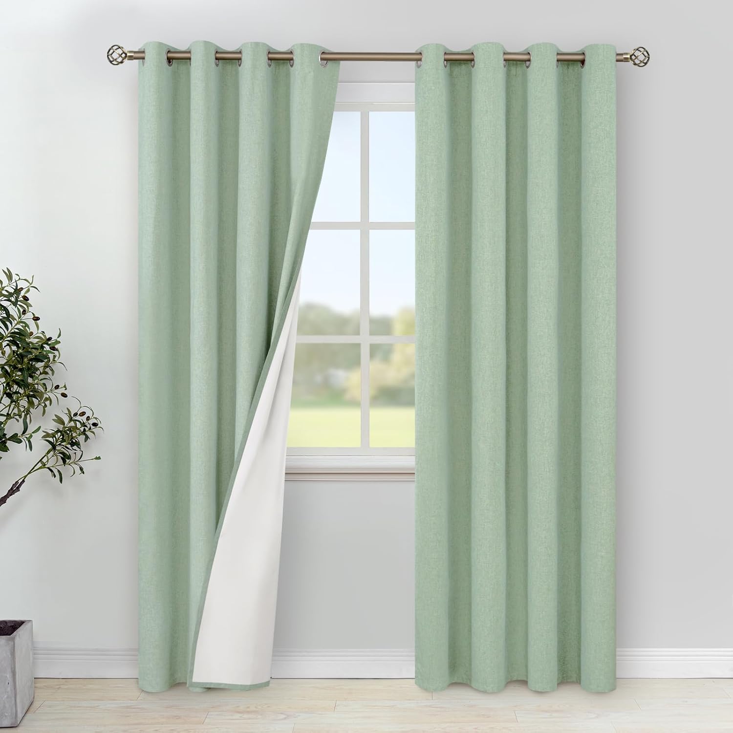YoungsTex Light Green Linen 100% Blackout Curtains for Bedroom 80 Inch Length, Full Room Darkening Thermal Insulated Drapes with Grommet for Living Room Dining, 2 Panels, 52 X 80 Inch