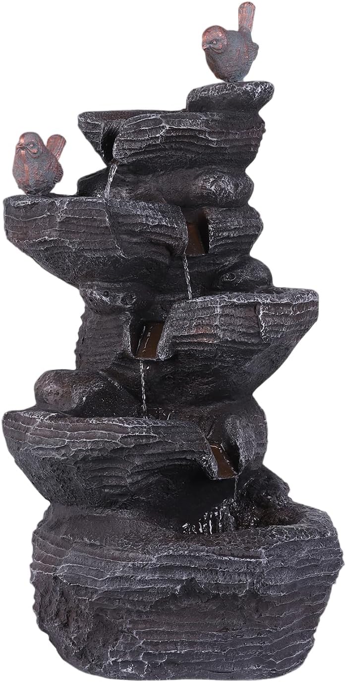 Cascading Rock Water Fountain with LED Lights Resin Stone Imitation Waterfall Tabletop Water Fountain Relax Decor for Home Office