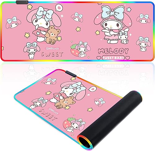 Alfombrilla de mouse para juegos de anime RGB, Kawaii Kitty grande con 14 modos de iluminación, impermeable, para teclado de computadora, 31.5 x