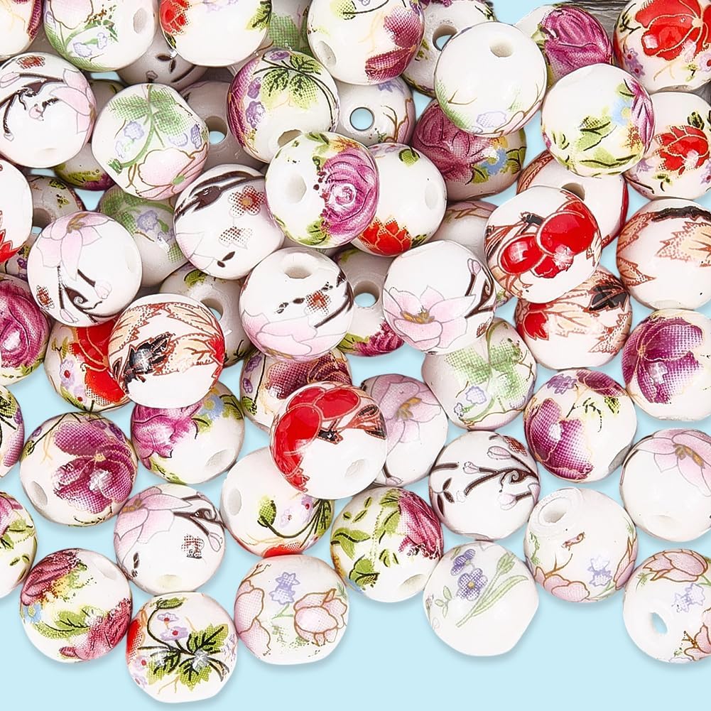 1 Box 120PCS 6 Styles Flower Printed Porcelain Ceramic Beads with Holes Round Flowers Chinese Vintage Charms Loose Spacer Bead Bulk for Jewelry Making Bracelets Necklaces DIY Craft Supply - Image 6