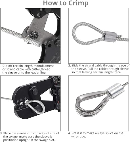 Miniatura 4 de Proster Herramienta de prensado de cuerda de alambre: crimpadora y cortador de mano de 1/16 a 1/8 pulgadas, 100 fundas de bucle de prensado de