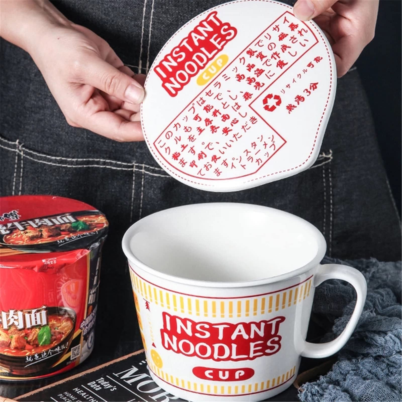 Cuenco de fideos instantáneos japoneses de 1000 ml, taza y cuenco de pasta instantánea, pasta de cerámica para microondas, cuenco de fideos instantáneos de gran capacidad con tapa, vajilla con asa