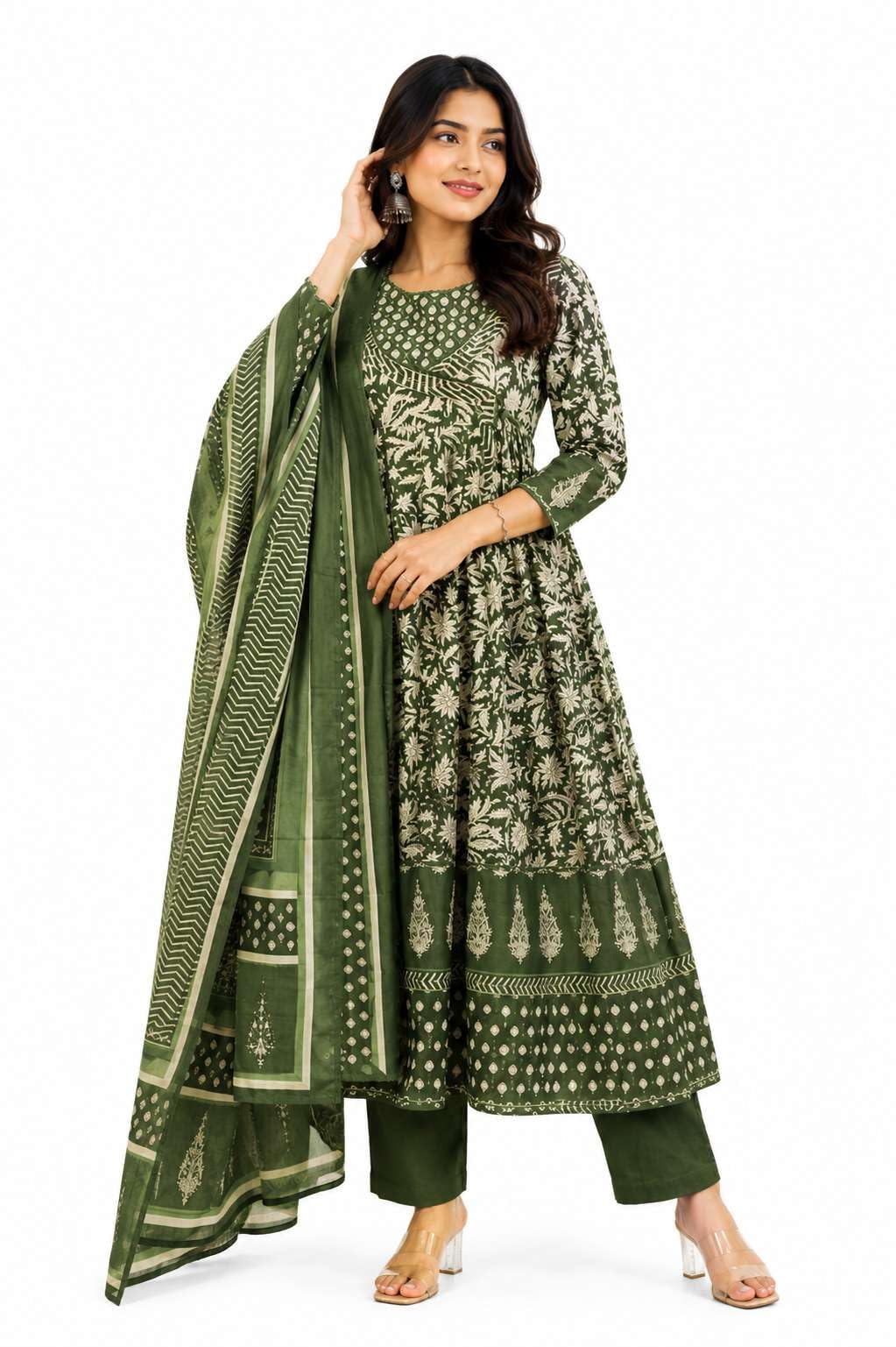 Women's Cotton Floral Printed Anarkali Kurti With Pant and Mulmul Dupatta Set-picture-39