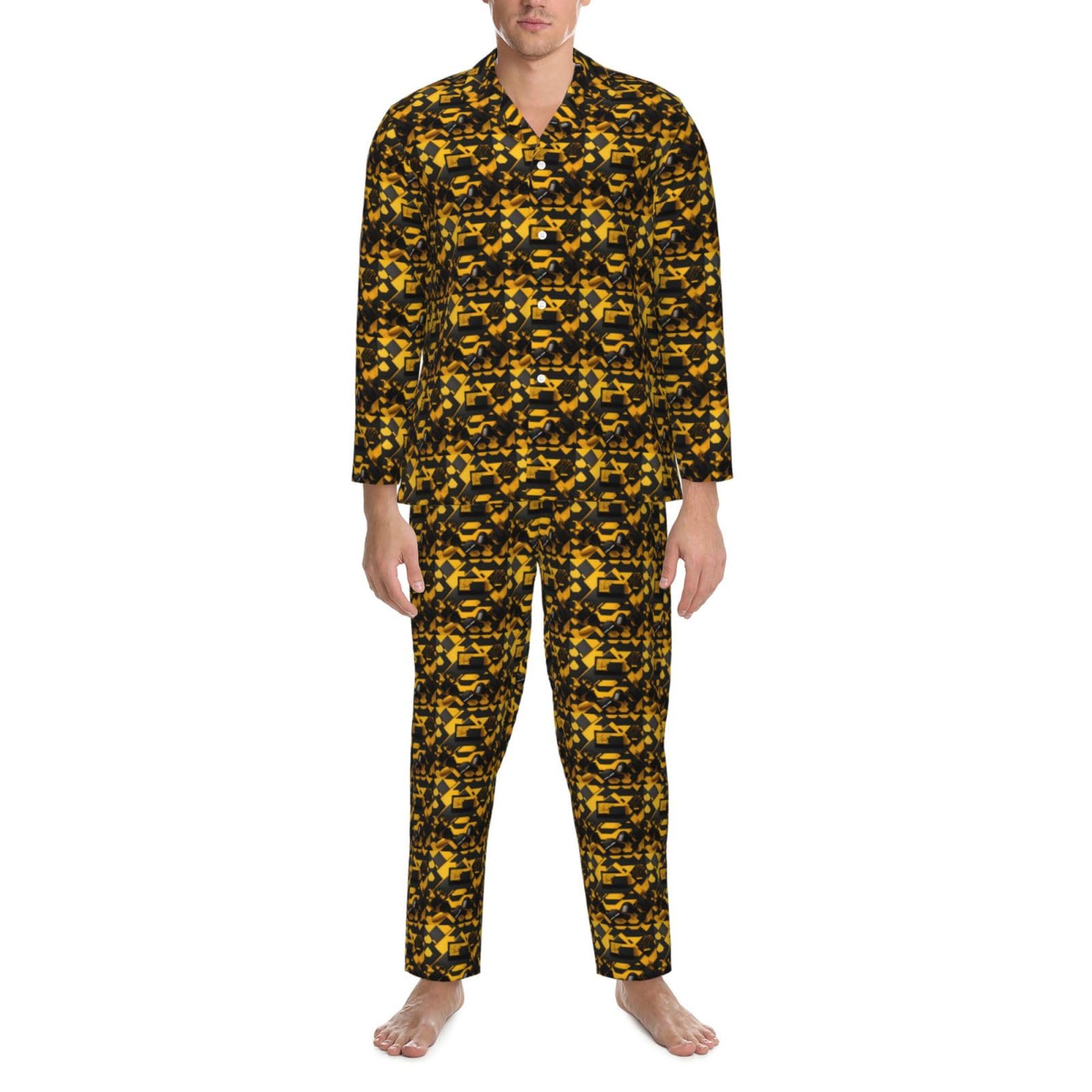 Conjunto de pijama de manga larga para hombre, estampado amarillo mostaza y negro, ropa de dormir de dos piezas, transpirable, cómoda