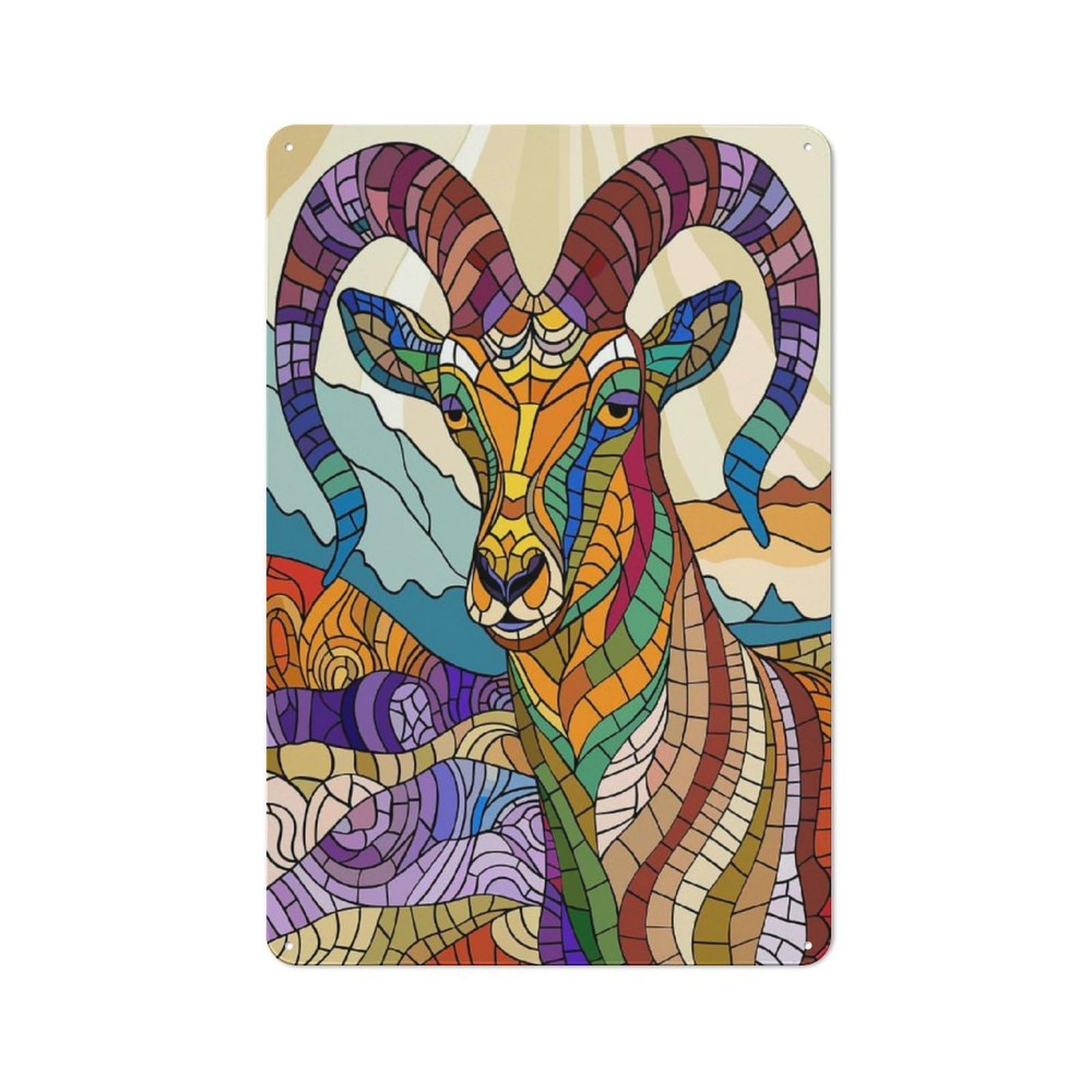 Junmoney Style-2 Metal Plaque 30X20cm With Stained Glass Ram In Mountains For Pub Or Café, Vintage Decor, For Vintage Wall Decor Fans, For Metal Sign Collectors
