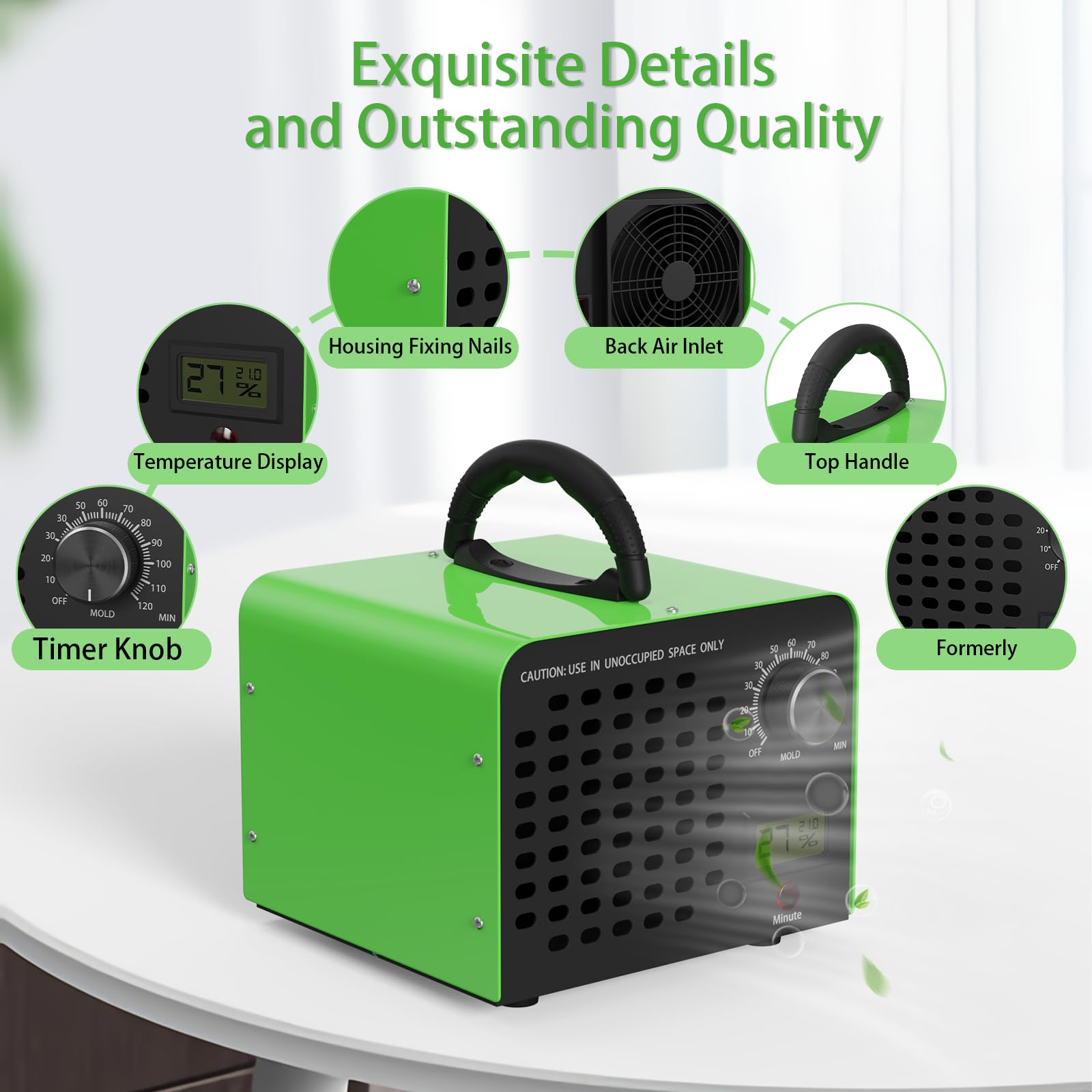 FREEUP Generatore di ozono 60.000 mg/h, Portatile Ozonizzatore per Ambienti Abitazioni Auto Casa Uffici Hotel, con Indicatore di Temperatura e Umidità, Timer 120 min, Max 400 m², Verde