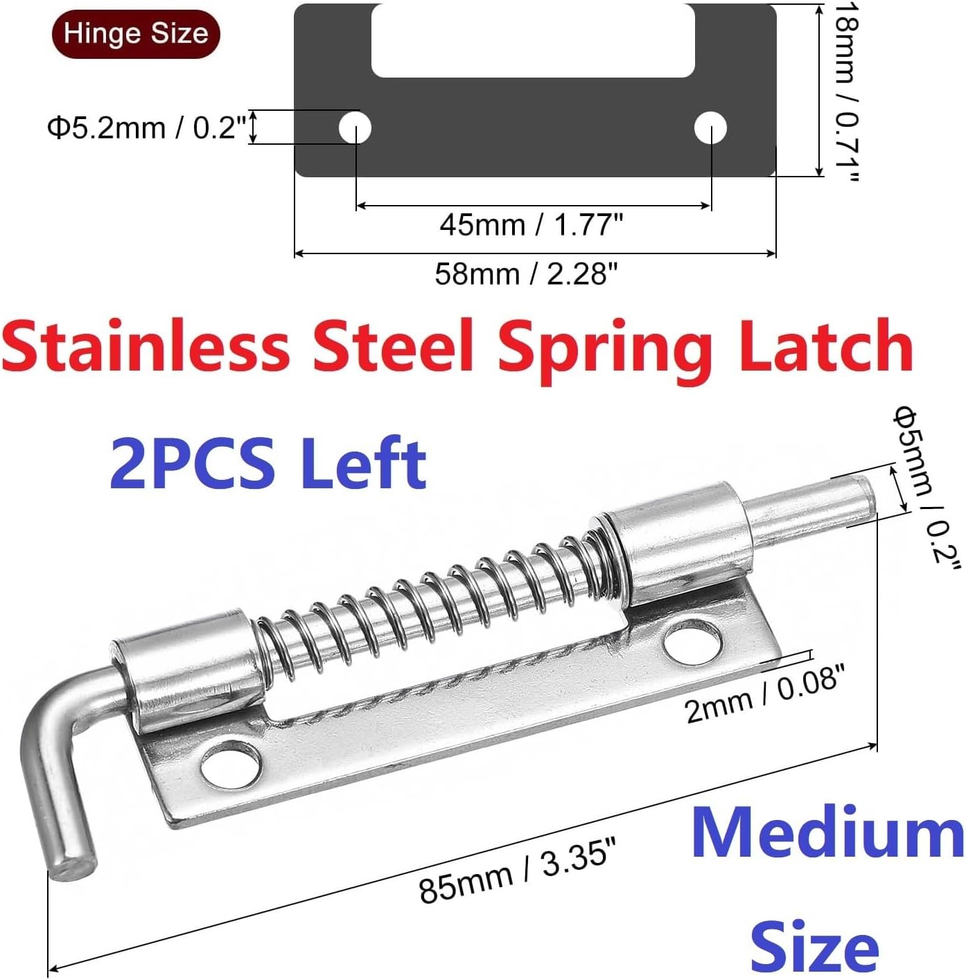304 Stainless Steel Flat Pin Spring Latch, 2 PCS 85 mm Left Spring Hinge Sliding Lock, Furniture Cabinet Door Gate Spring Latch