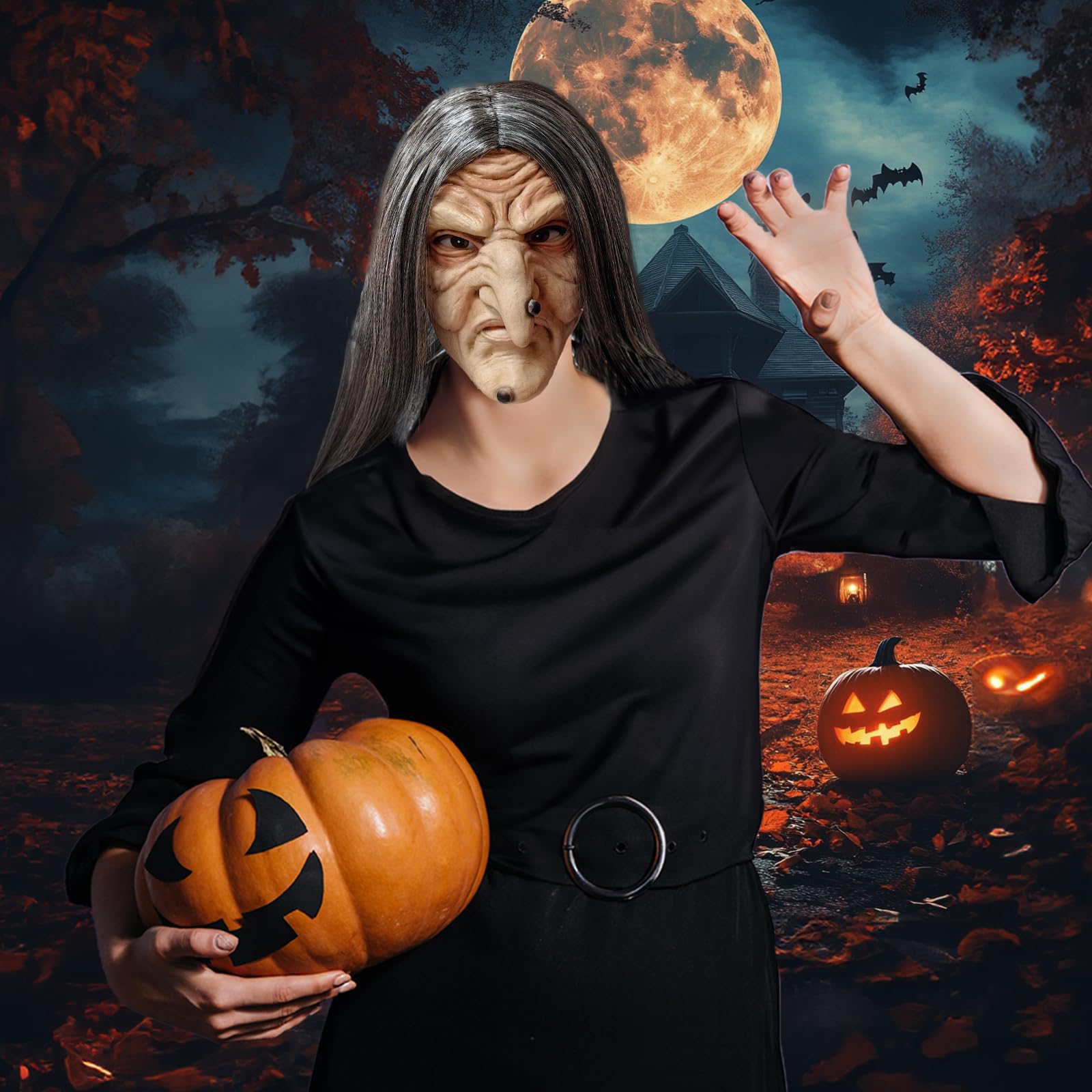 Aofonchy Old Witch Halloween Mask, Horror Latex With Hair, Scary Lady, Realistic Woman - Image 2