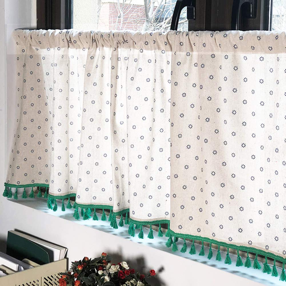 ORICALCHASM Short Curtains, Farmhouse Daisy Rod Pocket Curtain Valance, Kitchen Short Curtain with Green Tassels, Cotton and Linen Valance(W150xH70cm/W59xH27.5in)