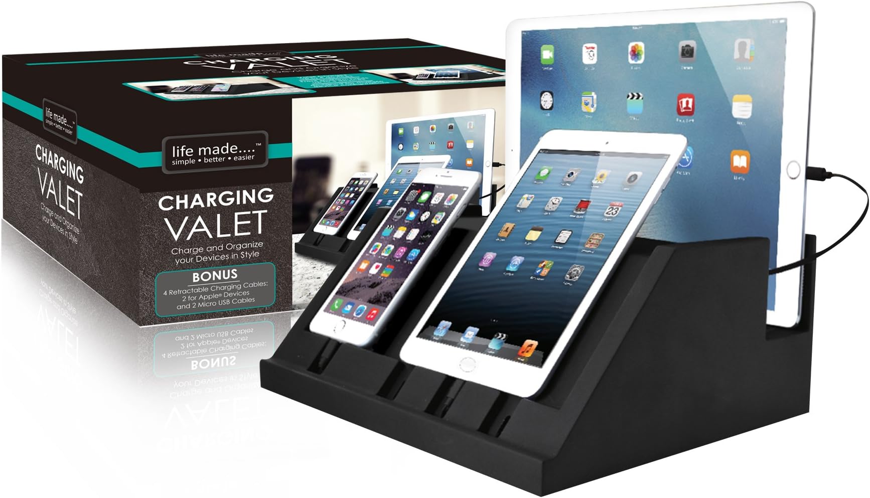 Life Made LLC 4-Port Charging Valet with Retractable Cords