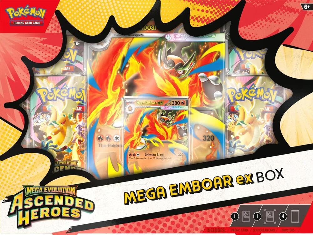 Pokemon Ascended Heroes EX Box (4 Mega Evolution Ascended Heroes Booster Packs, 1 Foil Card &amp; 1 Oversized Lenticular Card) (Mega Emboar)