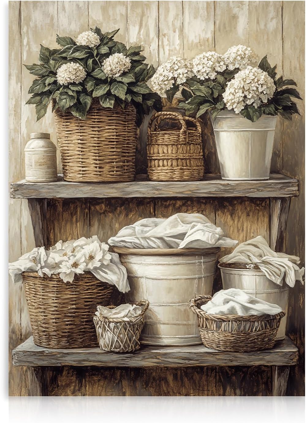 Dazzlewall Vintage Farmhouse Wall Art Decor Rustic Floral Woven Basket Artwork Print for Laundry Bathroom Retro Botanical Bathroom Wall Decoration 12 x 16 Inch Unframed