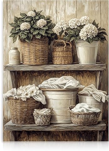 Dazzlewall Decoración de Arte de Pared de Granja Vintage, Arte de Cesta Tejida Floral Rústica para Lavandería Baño Retro Decoración de Pared de Baño Botánico, 30x40 cm Sin Marco