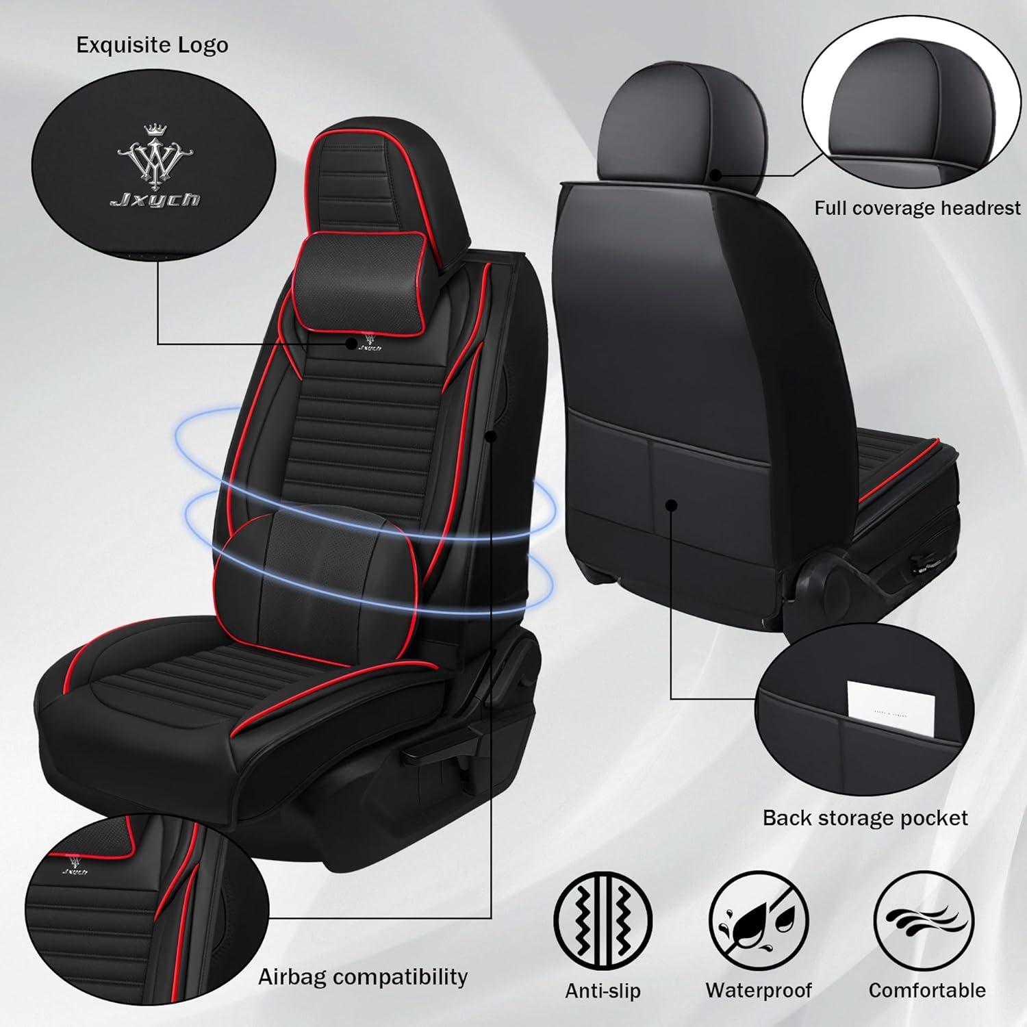 Seat Covers Fit for Volkswagen EOS 2007-2016 Premium Leather Car Seat Covers, Waterproof Non-Slip and Airbag Compatible, Fashion Car Seat Protector (Black Red,Front Set with Pillow)