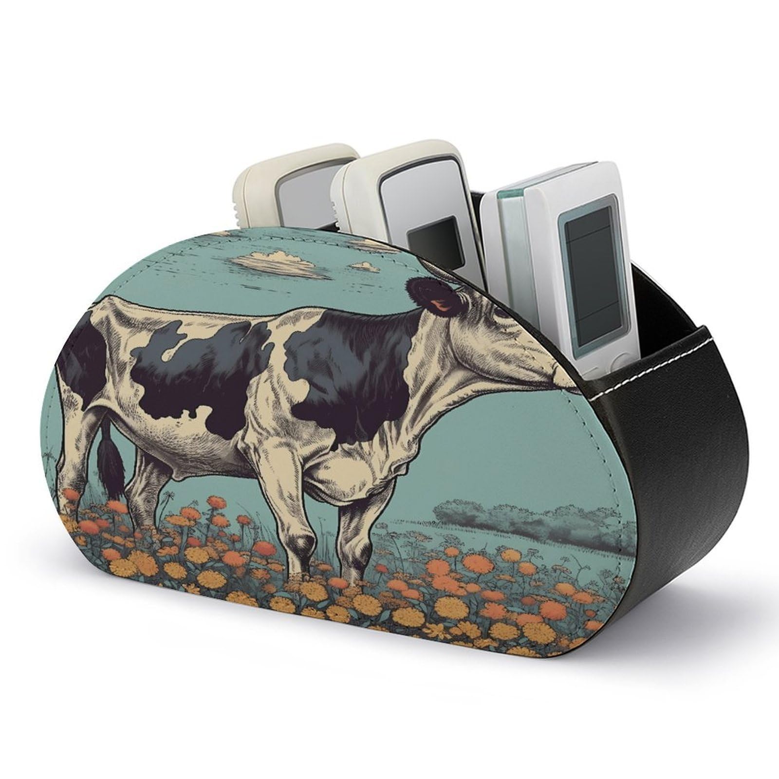 Btcowzrv Style Hand Drawn Cow Remote Control Holder With 5 Compartments