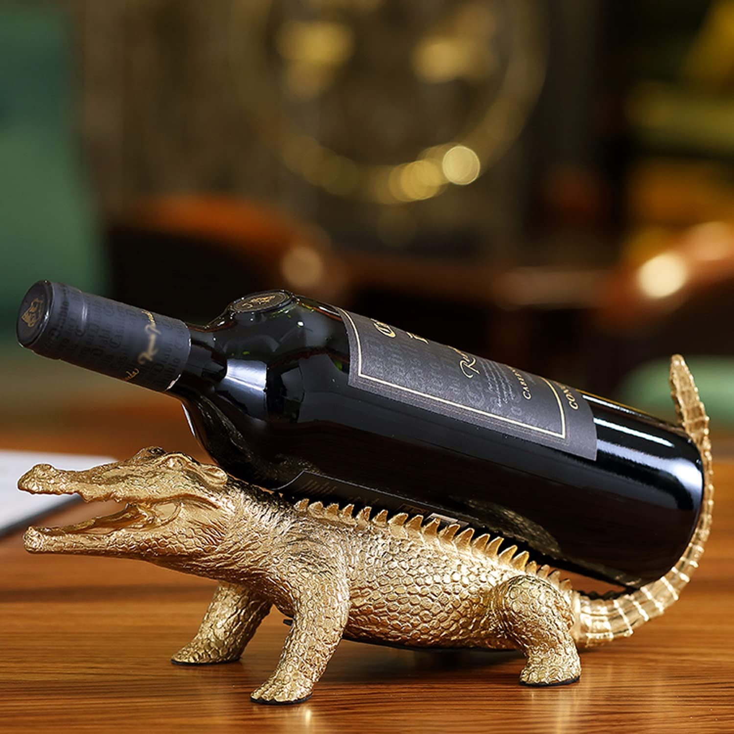 Soporte para Botella de Vino con Estatua de cocodrilo, Soporte para Botella de Vino Individual de latón Hecho a Mano, Estante de exhibición, Adorno de Ilustraciones