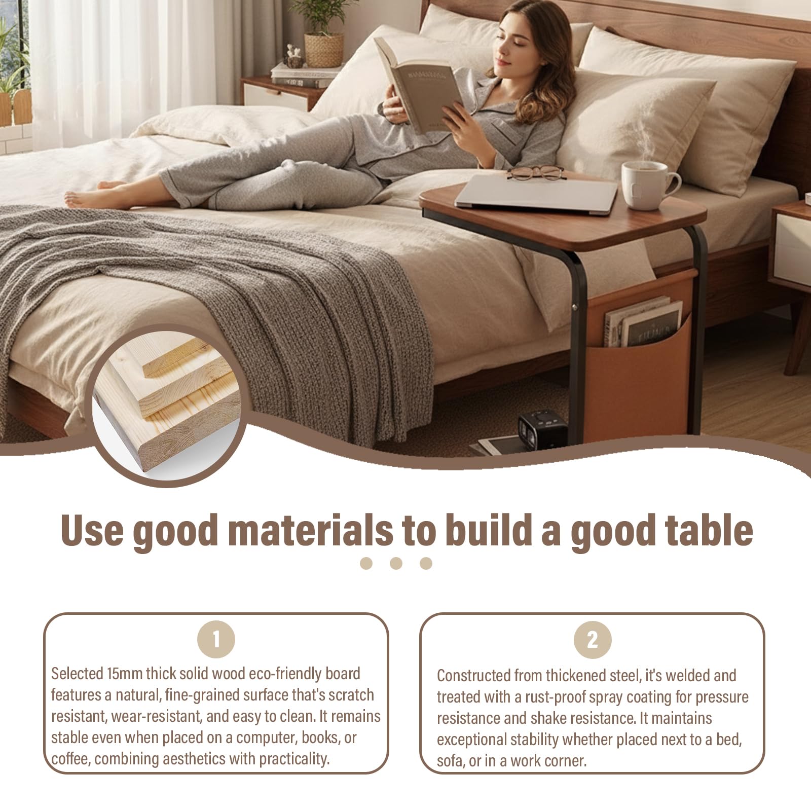 C S - Mesa auxiliar con ruedas, mesa de centro de madera con estantes dobles, mesa de sofá estable para sala de estar, colores: negro nogal blanco, diseño moderno natural