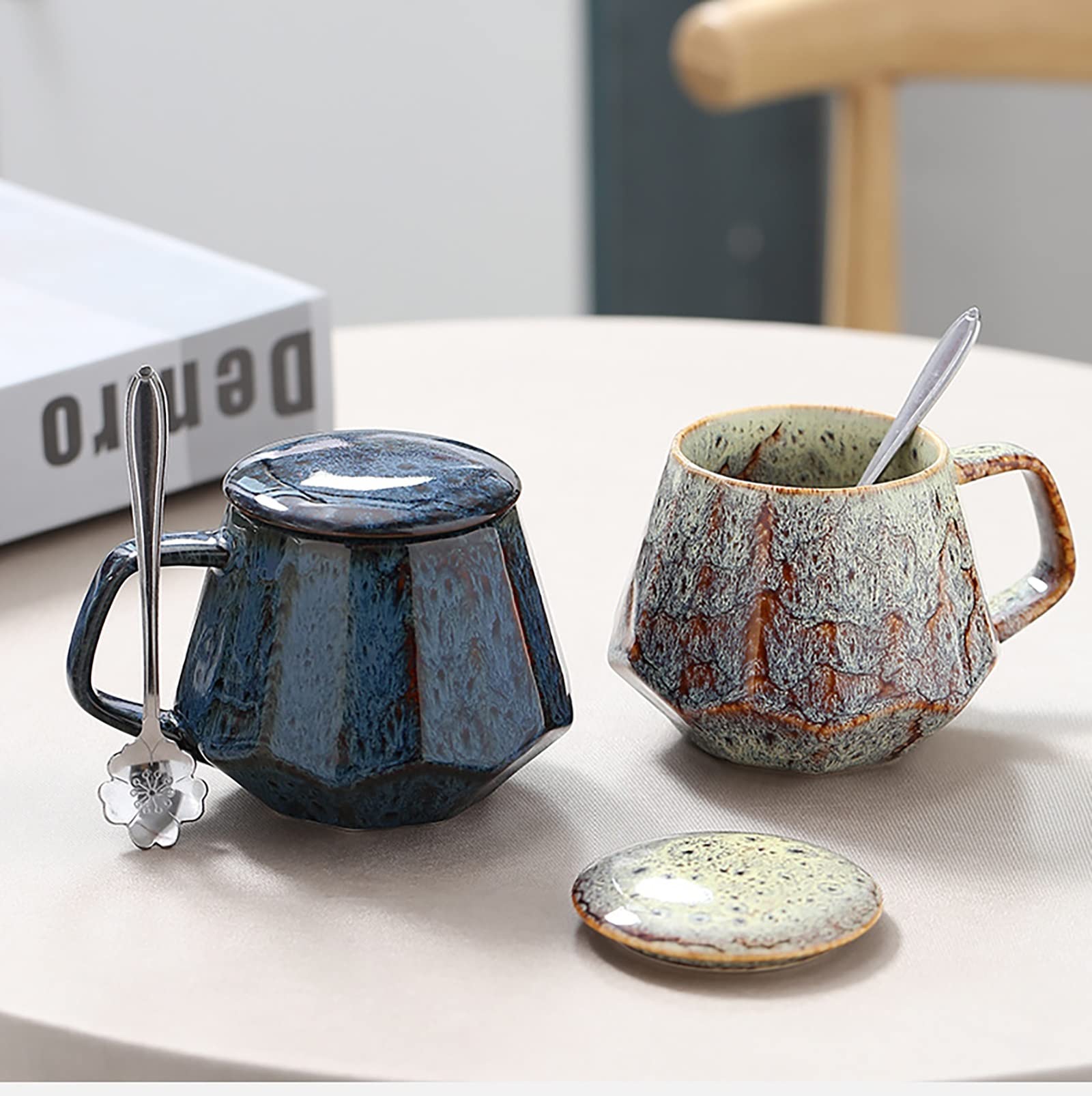 Kaffeetassen aus Keramik im Vintage-Stil, 340 ml, Espressotassen und Untertassen, einzigartige handgefertigte Tasse, kleine oder doppelte Espressotassen, Kaffeetasse mit Deckel (FA