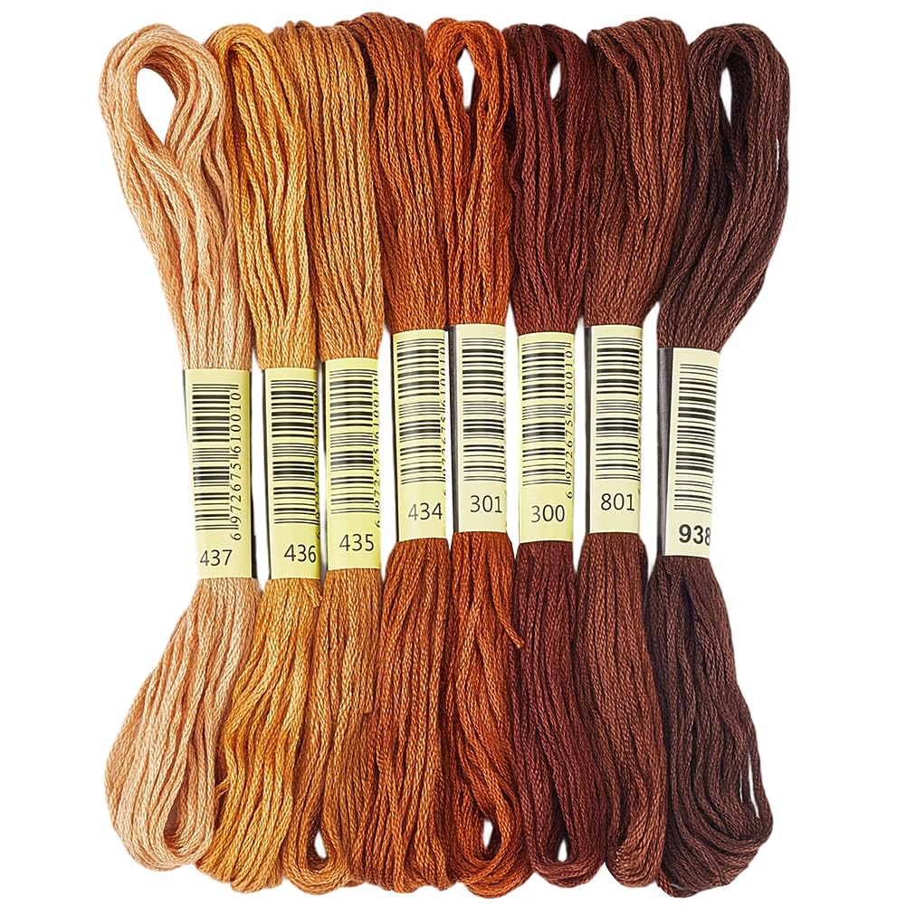 1 Box 65.6 Yards 8 Skeins 6 Strands Brown Cross Stitch Cotton Thread Assorted Embroidery Floss Set Friendship Bracelet Variegated Yarn Gradient String Bulk for Hand Sewing Making Crochet
