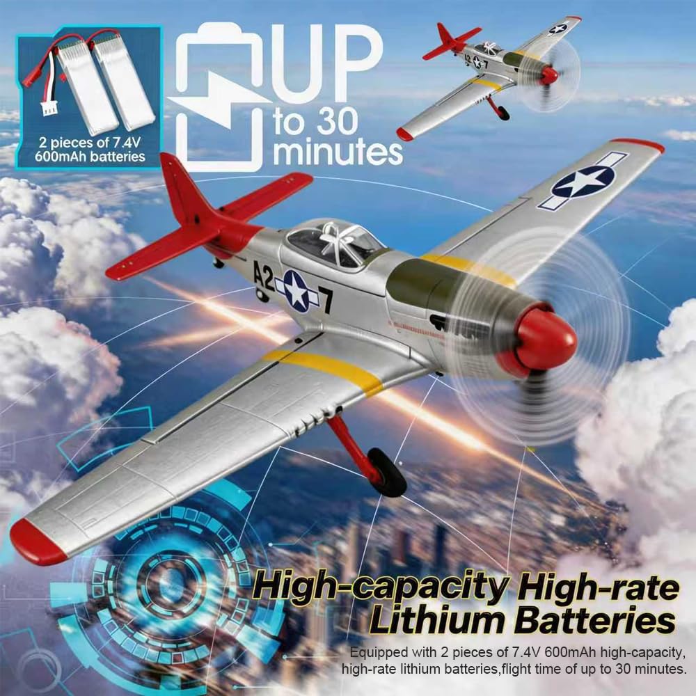 5-Kanal RC-Flugzeug 3D/6G P51D Mustang Ferngesteuerte Flugzeug für Erwachsene und Anfänger, 2,4-GHz Brushless-Motor, Starrflügel-Kunstflug Flugzeug mit Ersatzpropellern und Akku