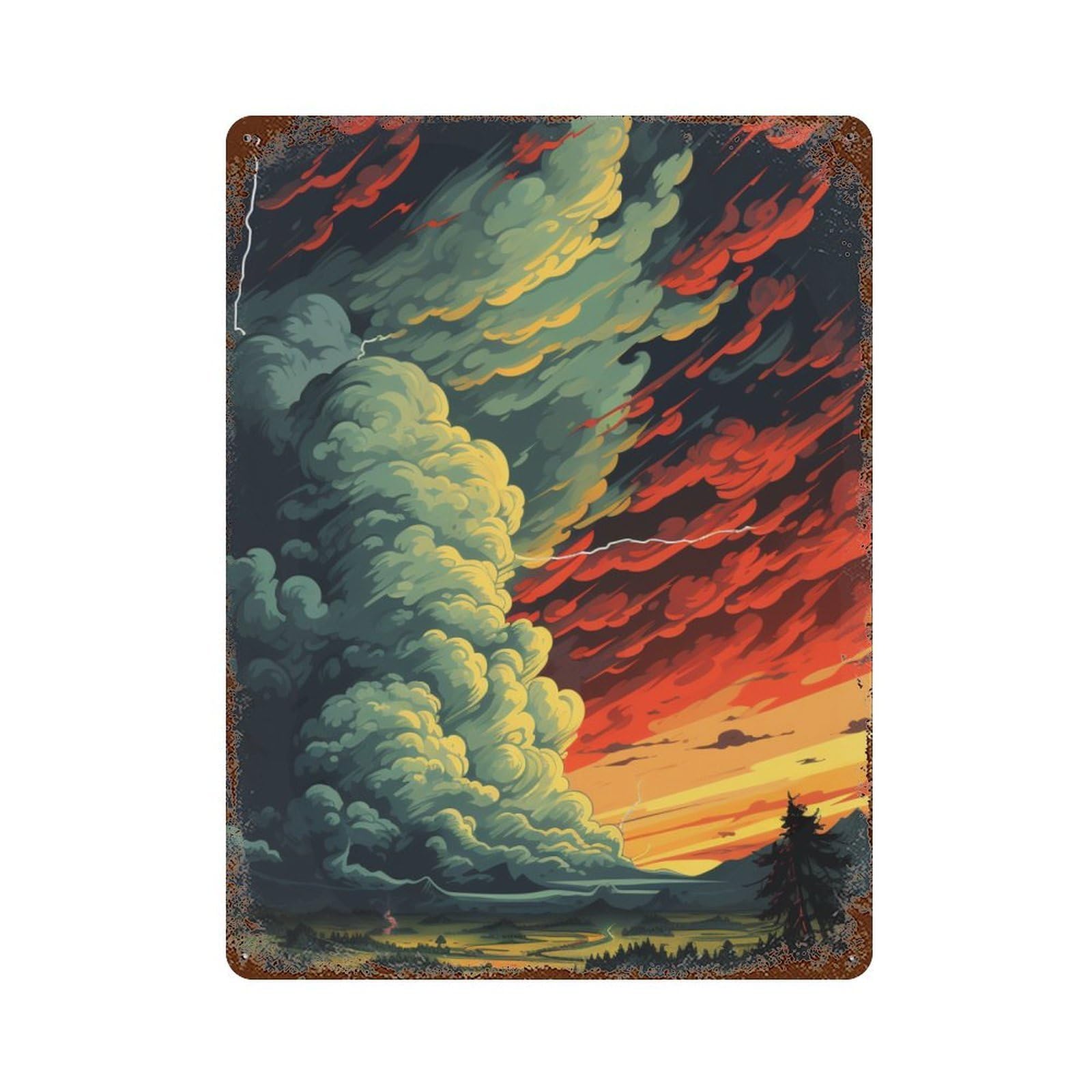 Volcanic Eruption Landscape Rust Effect Tin Sign 15.7"x11.8", Vintage Wall Decor for Garage, Pub Or Kitchen