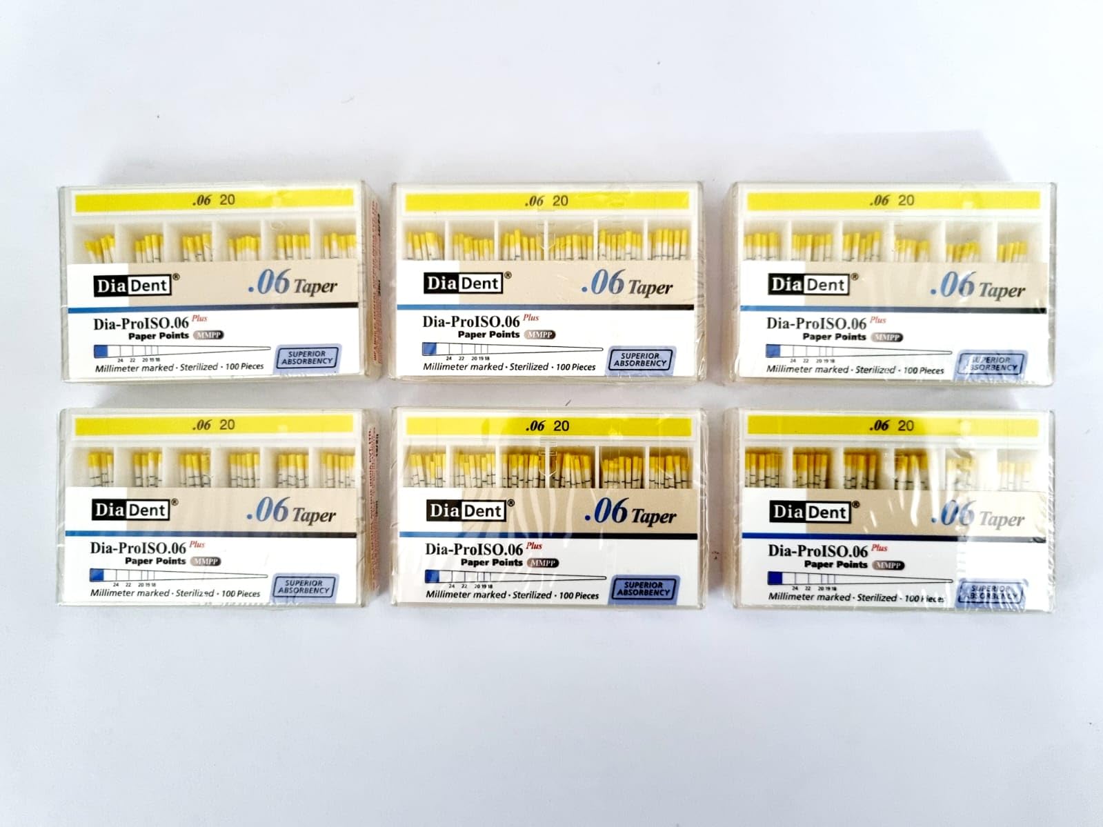 Diadent Absorbent Paper Point 6% No.20 Size Yellow| Packet of 100 Sticks | Diadent PP Point 6% Yellow - Box of 6 Packet