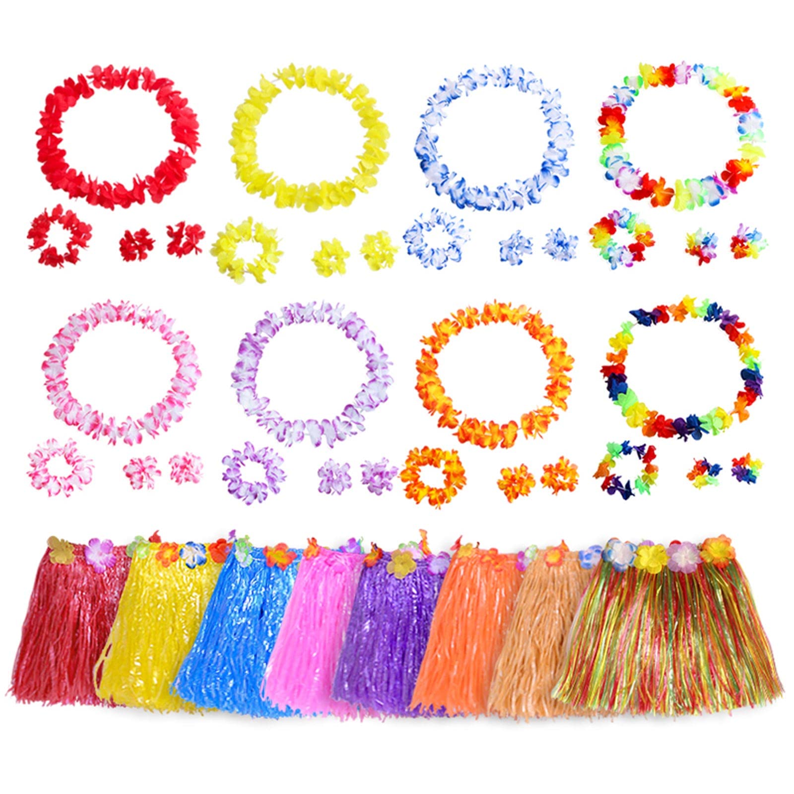40PCS Gonna Hawaiana Set con 8 Gonna di Erba Elastico Gonna Hawaiana,8 Ghirlanda Hawaiana Collana fiori,8 bracciali,16 Fasce, Costume hawaiano Hula Gonna per ragazze Donne Hawaii Summer Decorations