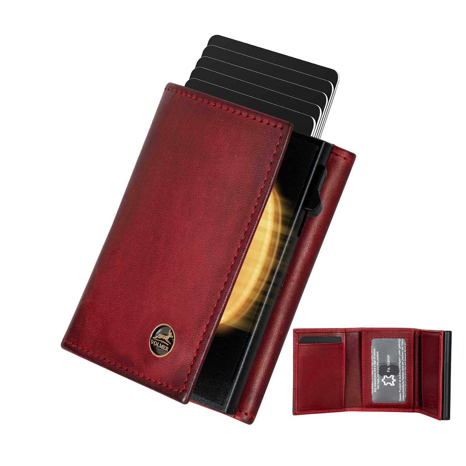 Fa.Volmer POP-UP etui na karty z przegródką na monety z prawdziwej skóry dla mężczyzn i kobiet | 11 kart | ochrona RFID | portfel, Bordeaux Red, Kleines Münzfach, Duża przegródka na monety