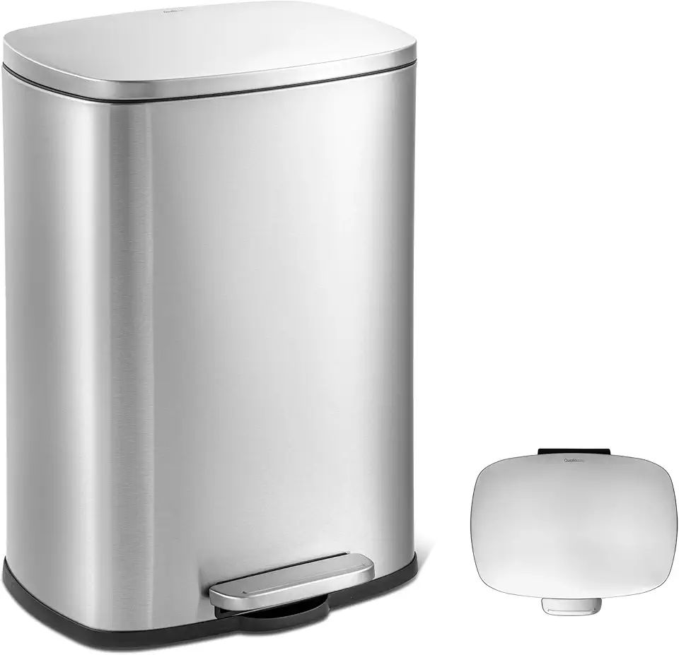 QUALIAZERO 50L / 13 Gallon Stainless Steel Step-On Kitchen Trash Can Soft-Close Lid, Fingerprint-Resistant, Removable Liner, Slim Rectangle Modern Design for Home, Office, Commercial