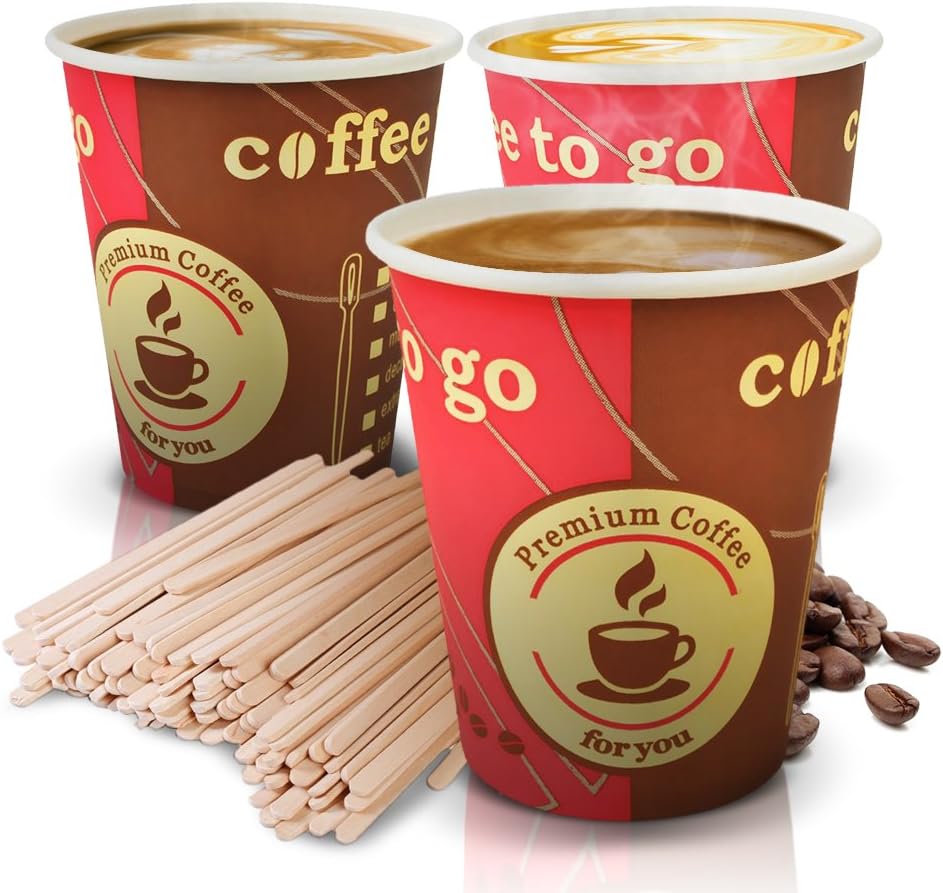 100 Disposable Tea Coffee Cups Made Of Paper & 100 Wooden Stirrers. This Set of Disposable Espresso Cups 8oz is Ideal Also For Filter Coffee Hot and Cold Drinks or Arabic Coffee. Get this Great Quality Pack Of 100 Party Festive Cups and Enjoy Your Tea Drinking at the Office or Home.