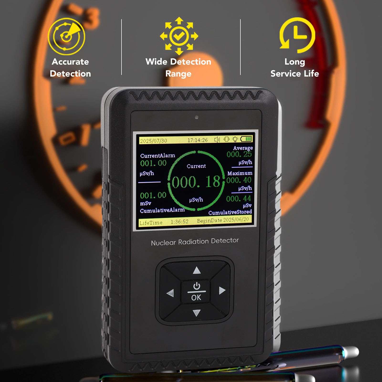 Luocute Nuklear Geiger Counter Detector, Handheld Beta Gamma Röntgenmessgerät mit Großem LCD -Bildschirm und Alarm für Rotes Licht