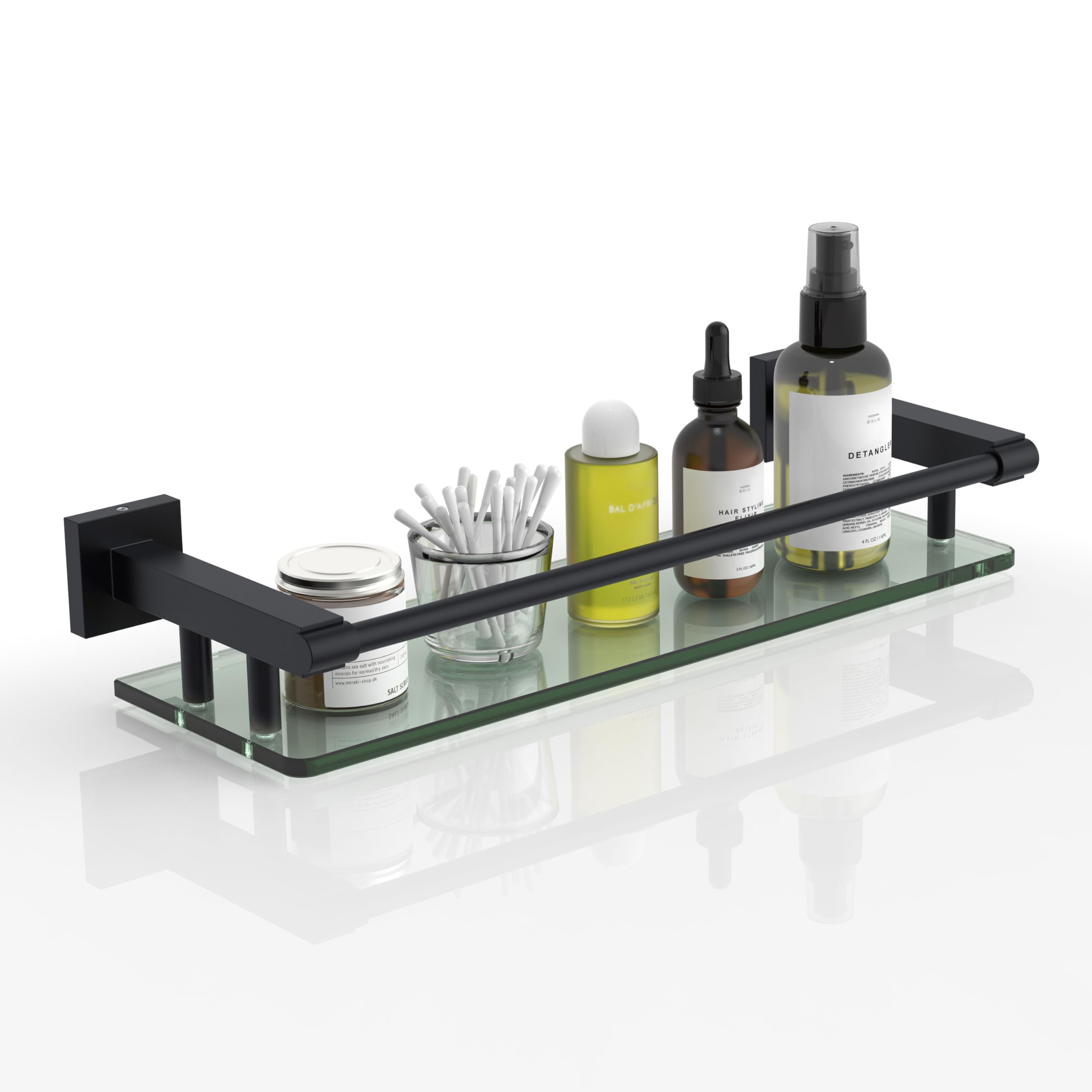 SFGSOWOR Glass Shelf 16IN for Bathroom Black Rectangular Stainless Steel Tempered Glass Modern Wall Mount Shelf Sink Over Toilet Bathroom Organizer (