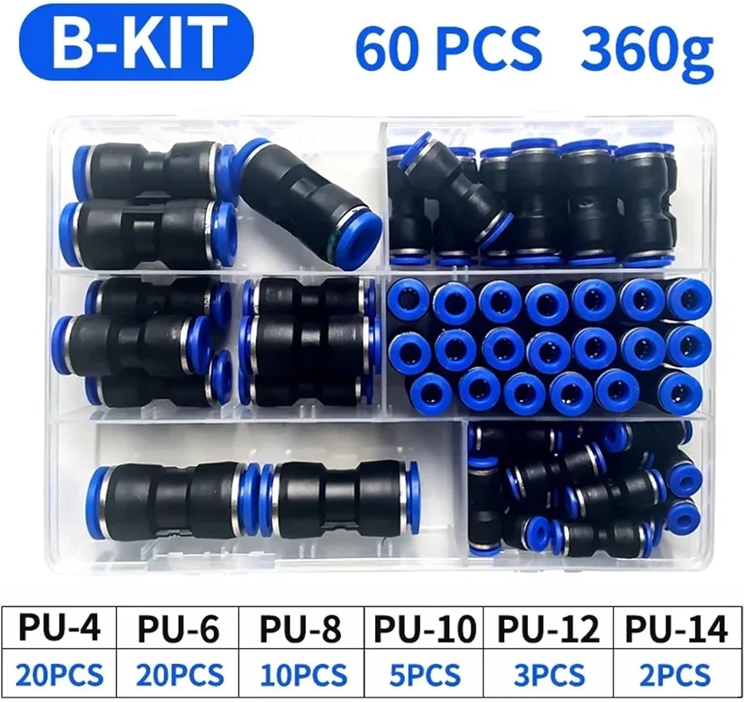 PU Kit 6mm Hose Connector Quick Connection Plastic Water Pipe Tube Pneumatic Fittings 23/60/80Pcs(B kit (60pcs),5 BOXES)
