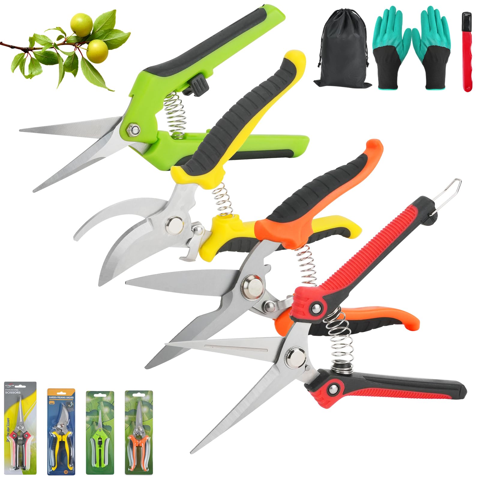 7 Piezas Tijeras de Podar de Mano, Tijeras Podar, Afiladas Tijeras Jardineria con Bolsa de Almacenamiento, Guantes, Piedra de afilar,Pruning Shears con Cierre de Seguridad