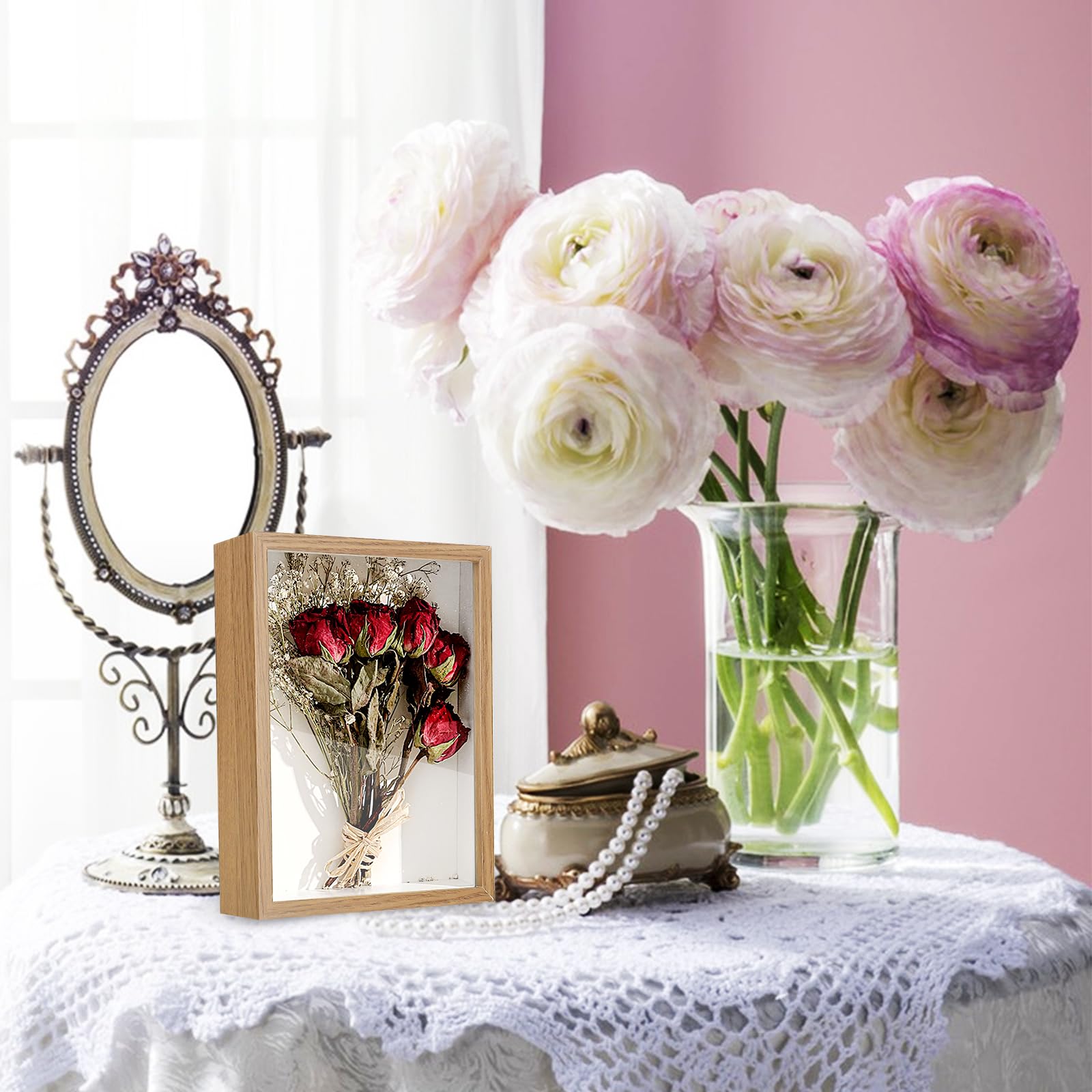 Cornice 3D Porta Ricordi In Legno - 27x22 Cm Con Vetro - Per Foto, Fiori Secchi E Oggetti Speciali - Foto 5