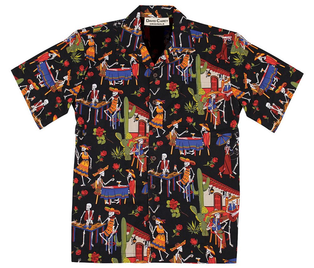 David Carey OriginalsDavid Carey Day of The Dead Camp Shirt – Black – Button Up Collared Short Sleeve Mechanic Camp/Club Shirt
