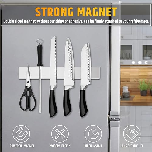 Miniatura 8 de Soporte magnético para cuchillos de doble cara de 17 pulgadas para nevera, tira de cuchillos de acero inoxidable con potente fuerza de tracción
